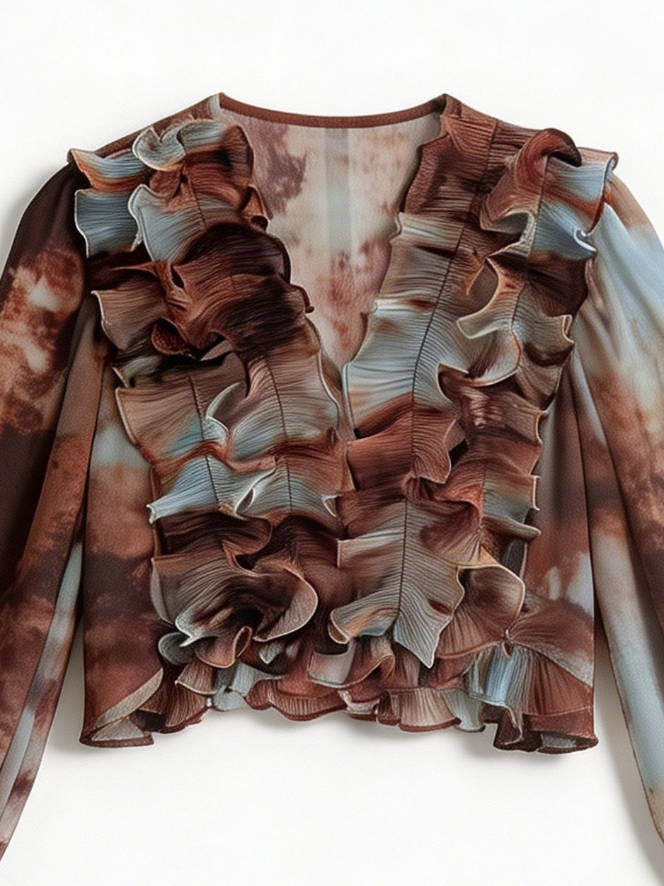Women’s Tie Dye Ruffle Sheer Chiffon Long Sleeve Blouse XW-251201