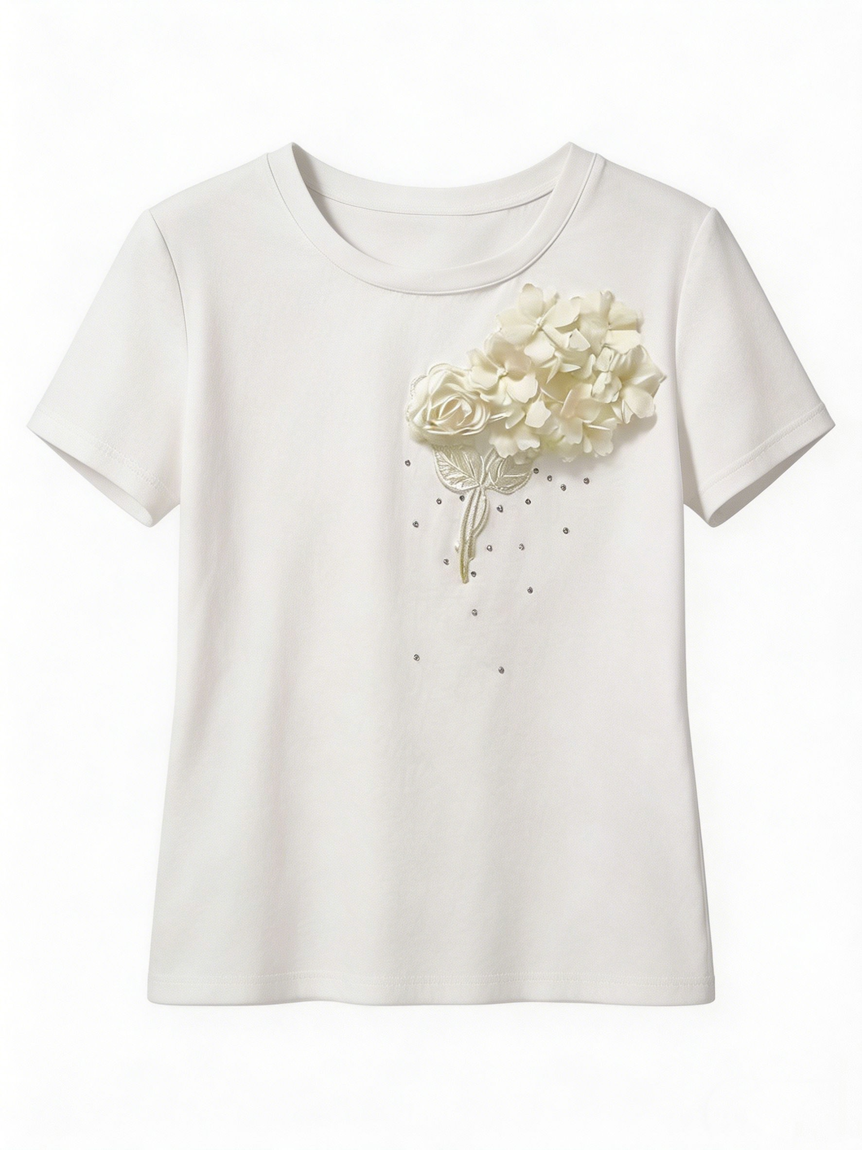 Women’s 3D Floral Rhinestone Embellished Short Sleeve T‑Shirt  M-42130-4