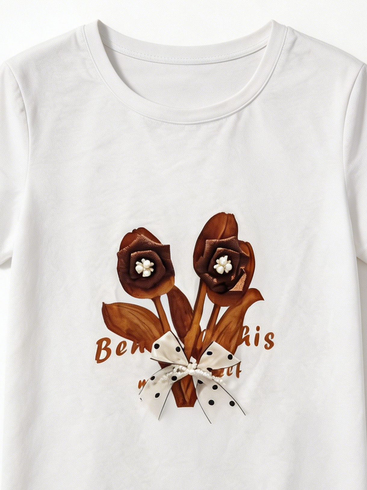 Women’s Floral Applique Bow Detail Summer Graphic Tee M-42129-11