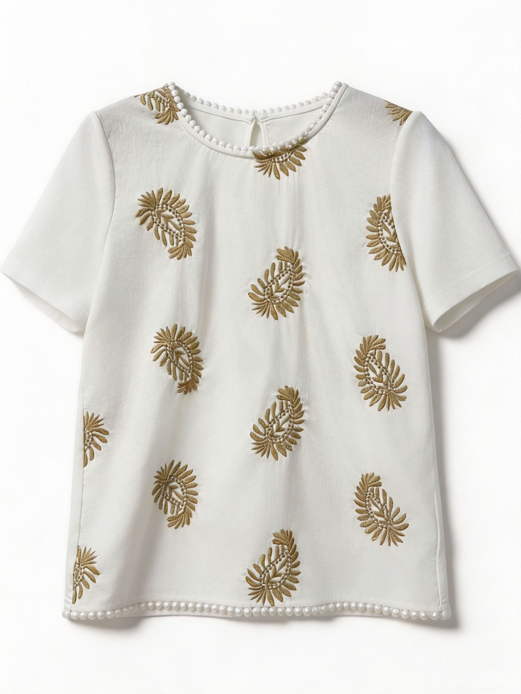 Women’s Boho Leaf Embroidered Pom Pom Short Sleeve Top D-42420