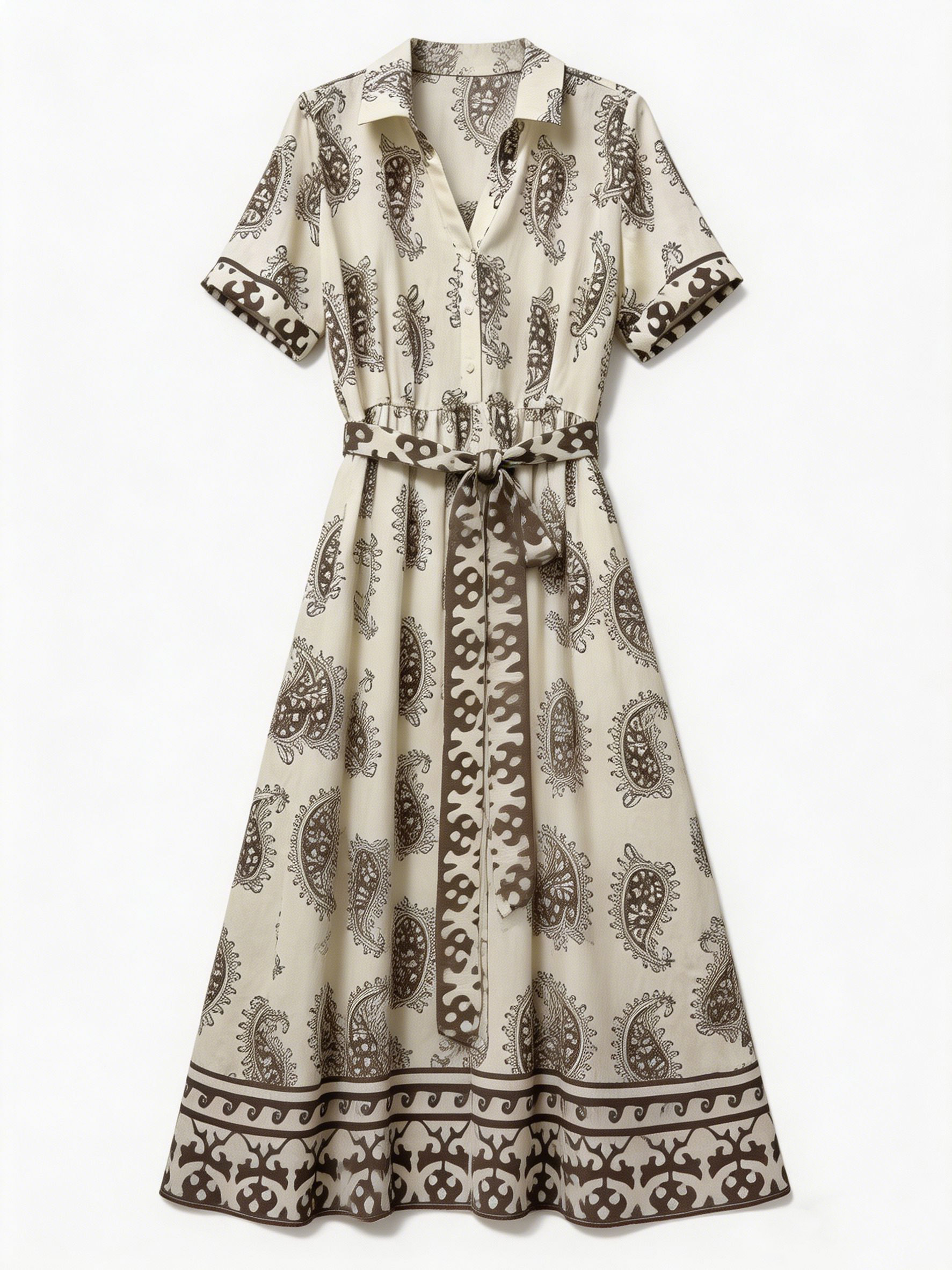 Women’s Boho Paisley Print Belted Midi Shirt Dress D-42275