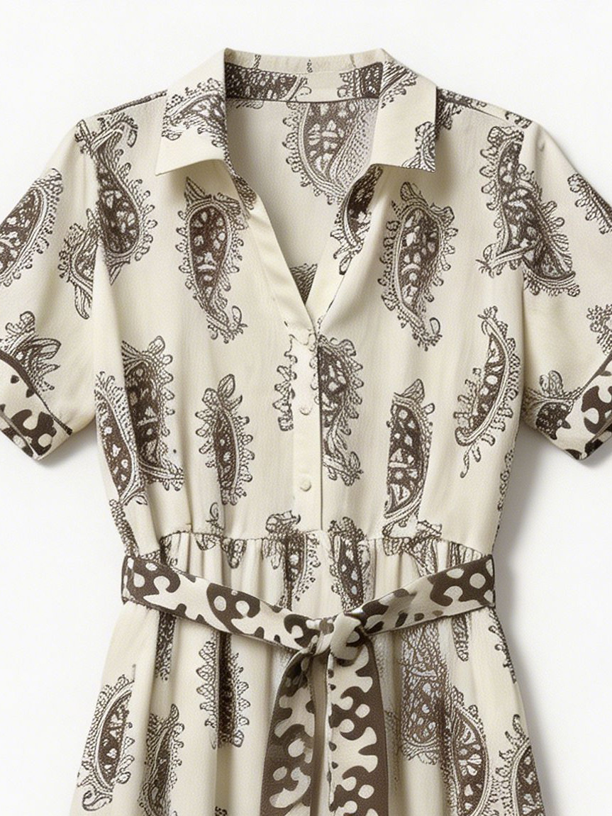Women’s Boho Paisley Print Belted Midi Shirt Dress D-42275