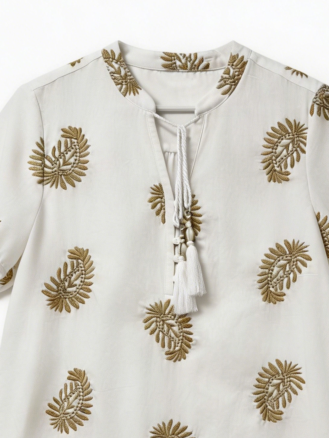 Women’s Boho Embroidered Tassel Tie Linen-Look Summer Blouse D-42254