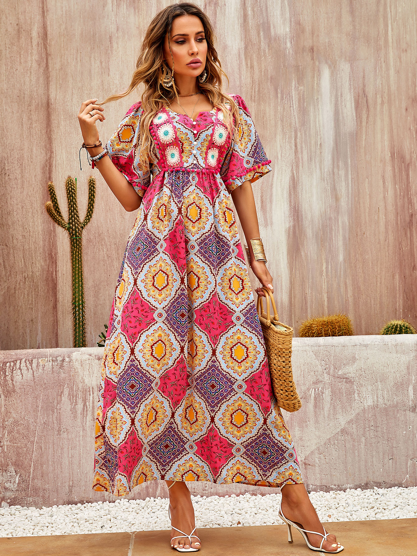 Women’s Boho Geometric Print V-Neck Midi Dress W-32832