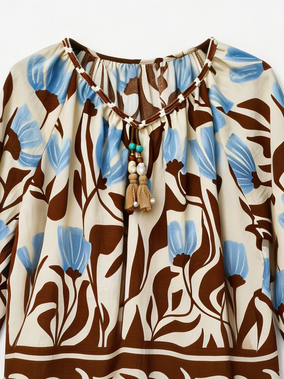 Women’s Boho Botanical Print Tassel Tie Blouse – Casual Resort Vacation Top C-42382