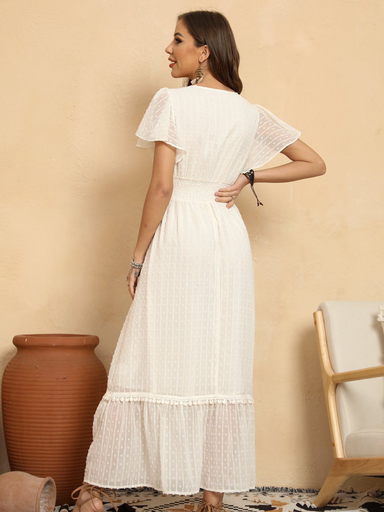 Women’s Boho Swiss Dot Lace V-Neck White Maxi Dress D-35110