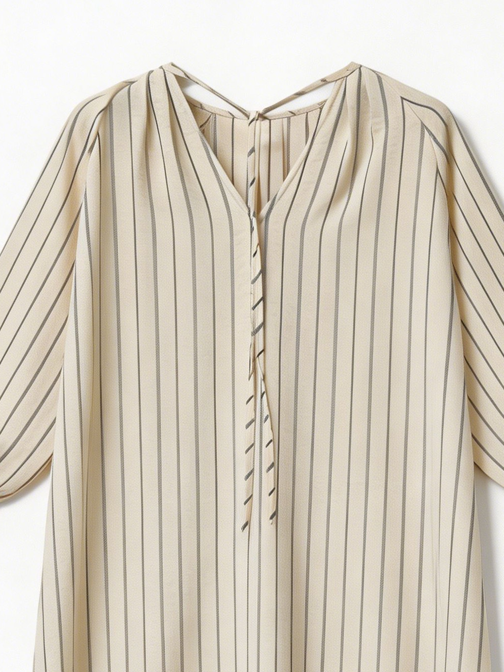 Casual Striped Linen Blend Midi Dress with V-Neck Tie C-42199