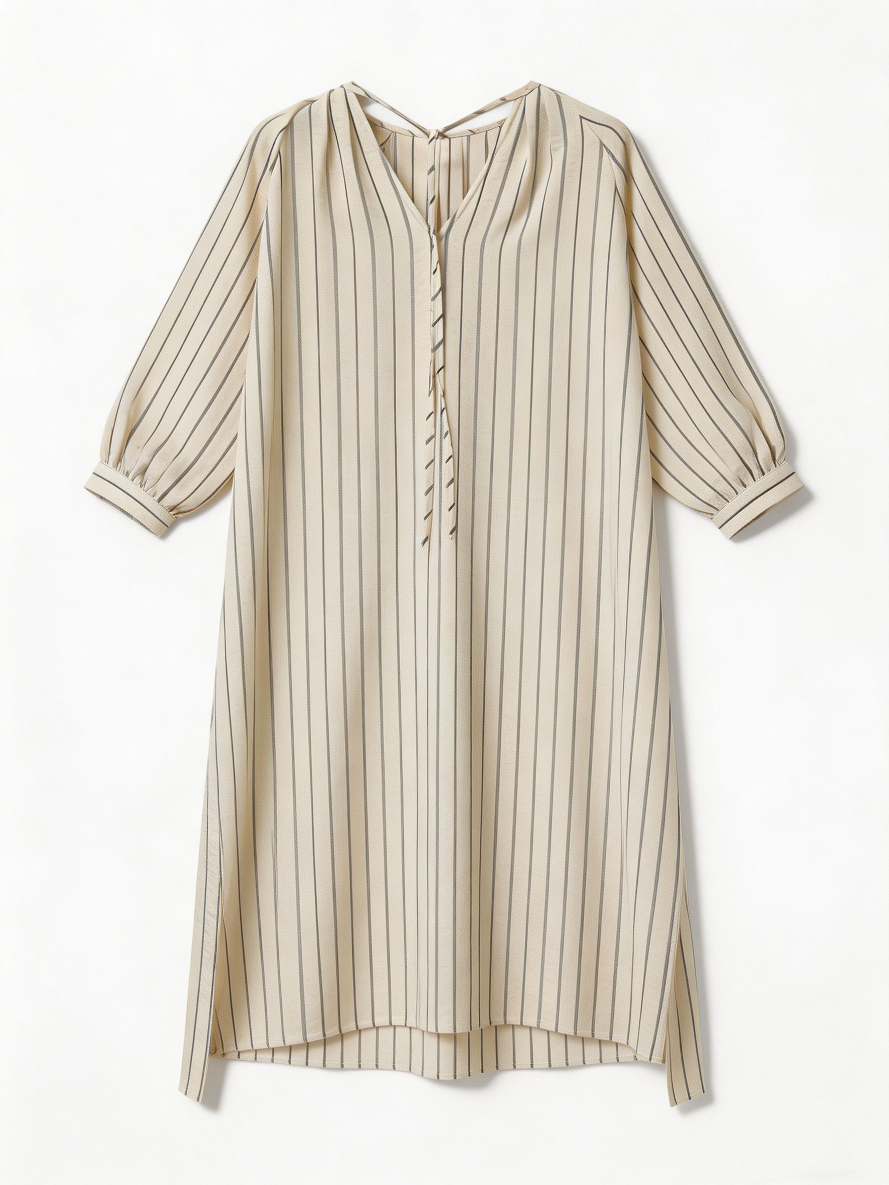 Casual Striped Linen Blend Midi Dress with V-Neck Tie C-42199
