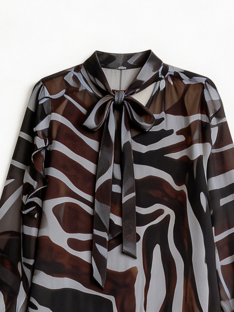 Women’s Animal Print Tie Neck Chiffon Long Sleeve Maxi Dress XW-251208