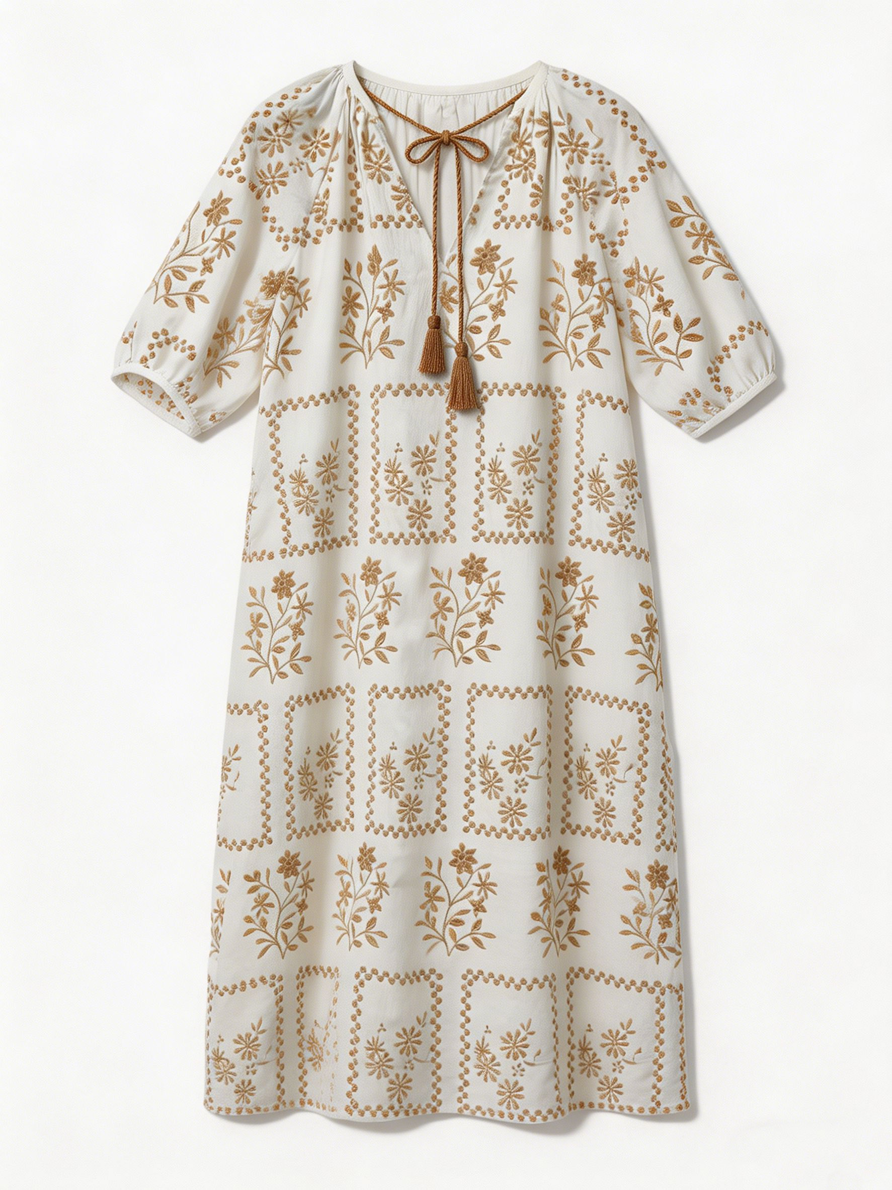 Boho Embroidered Tassel Tie Midi Dress – Women’s Resort Vacation Style C-42323
