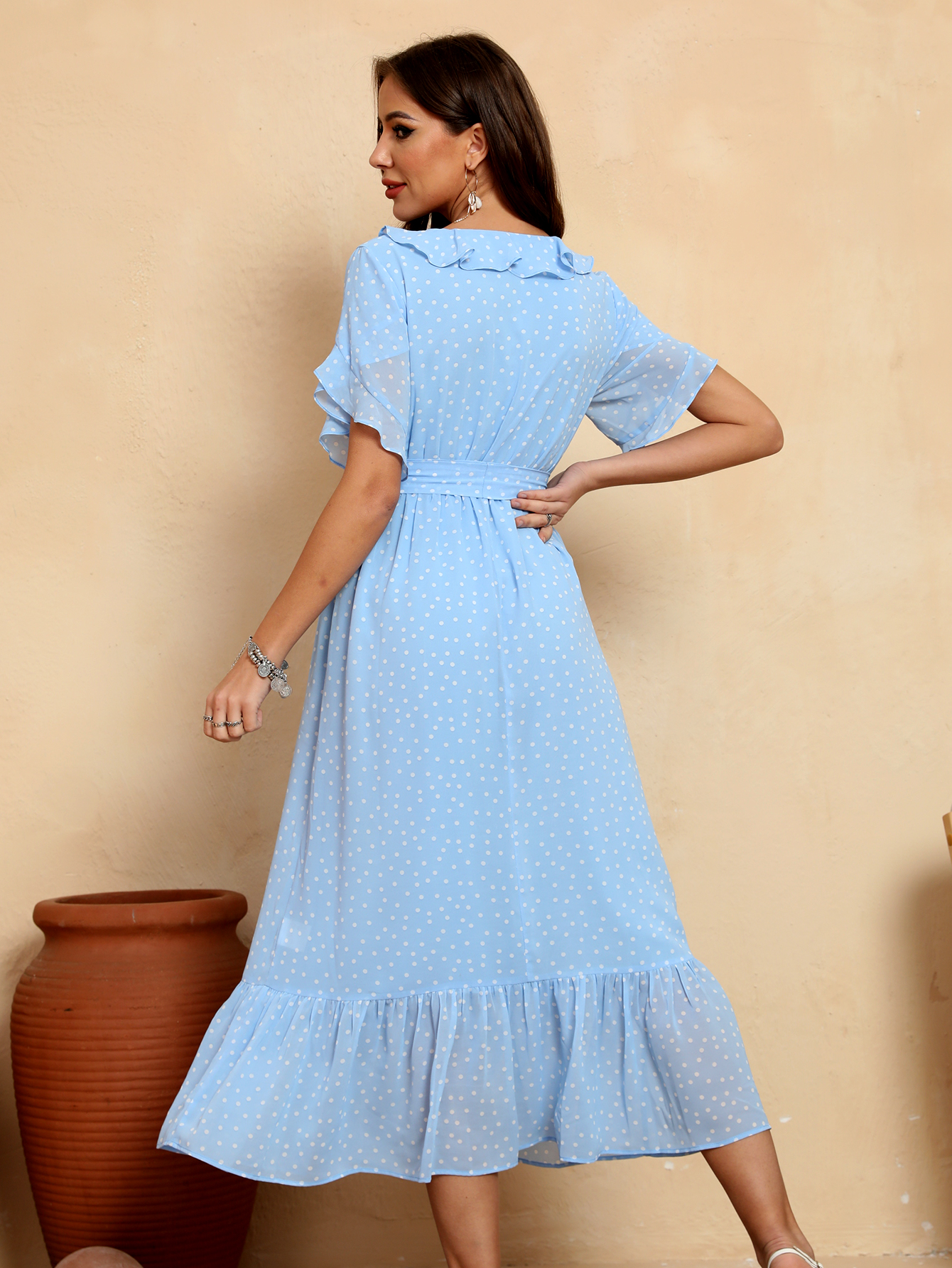 Women’s Polka Dot V-Neck Flutter Sleeve Midi Dress D-35116