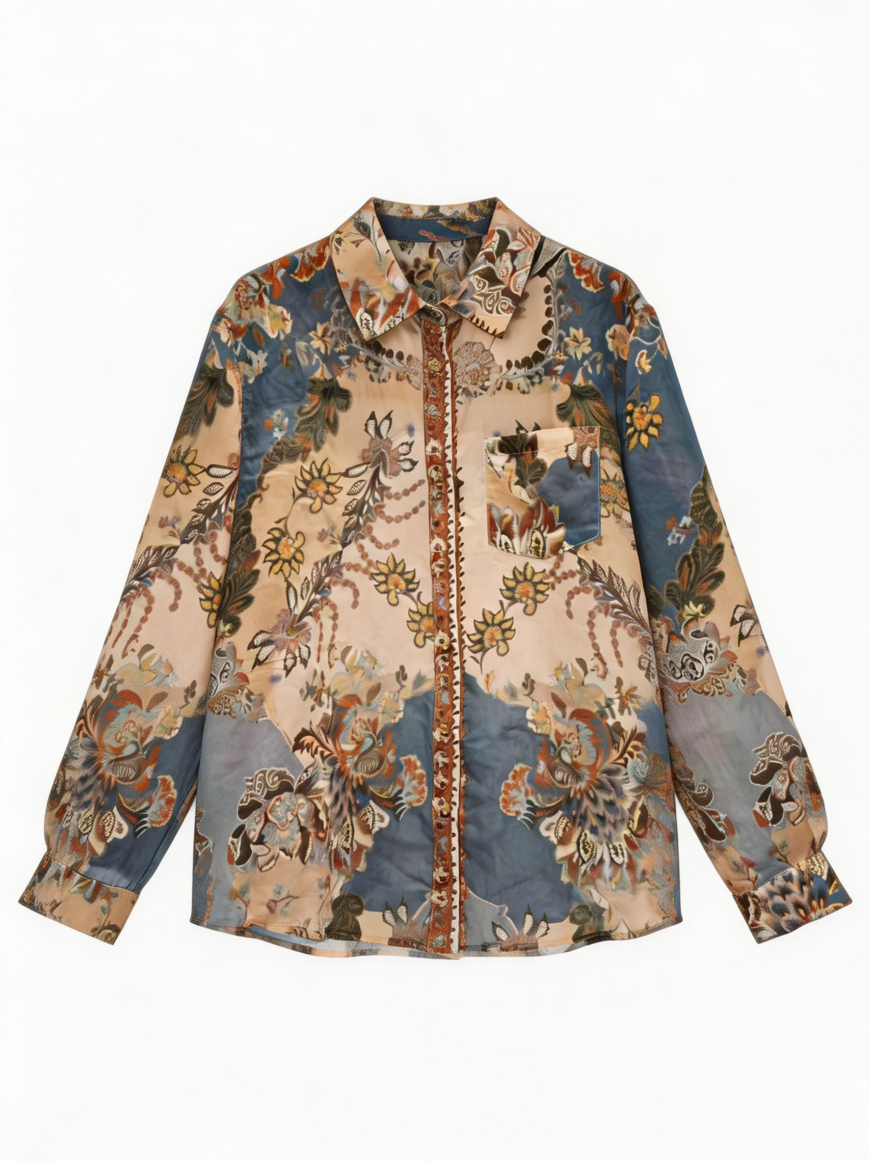 Women’s Boho Floral Chiffon Long Sleeve Button Down Blouse M-41907