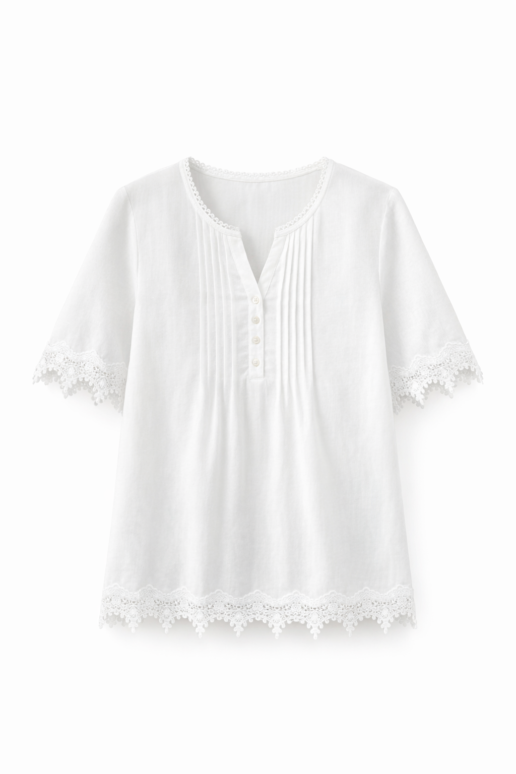 Round Neck Short-Sleeve Woven Top Simple Lace A-42411