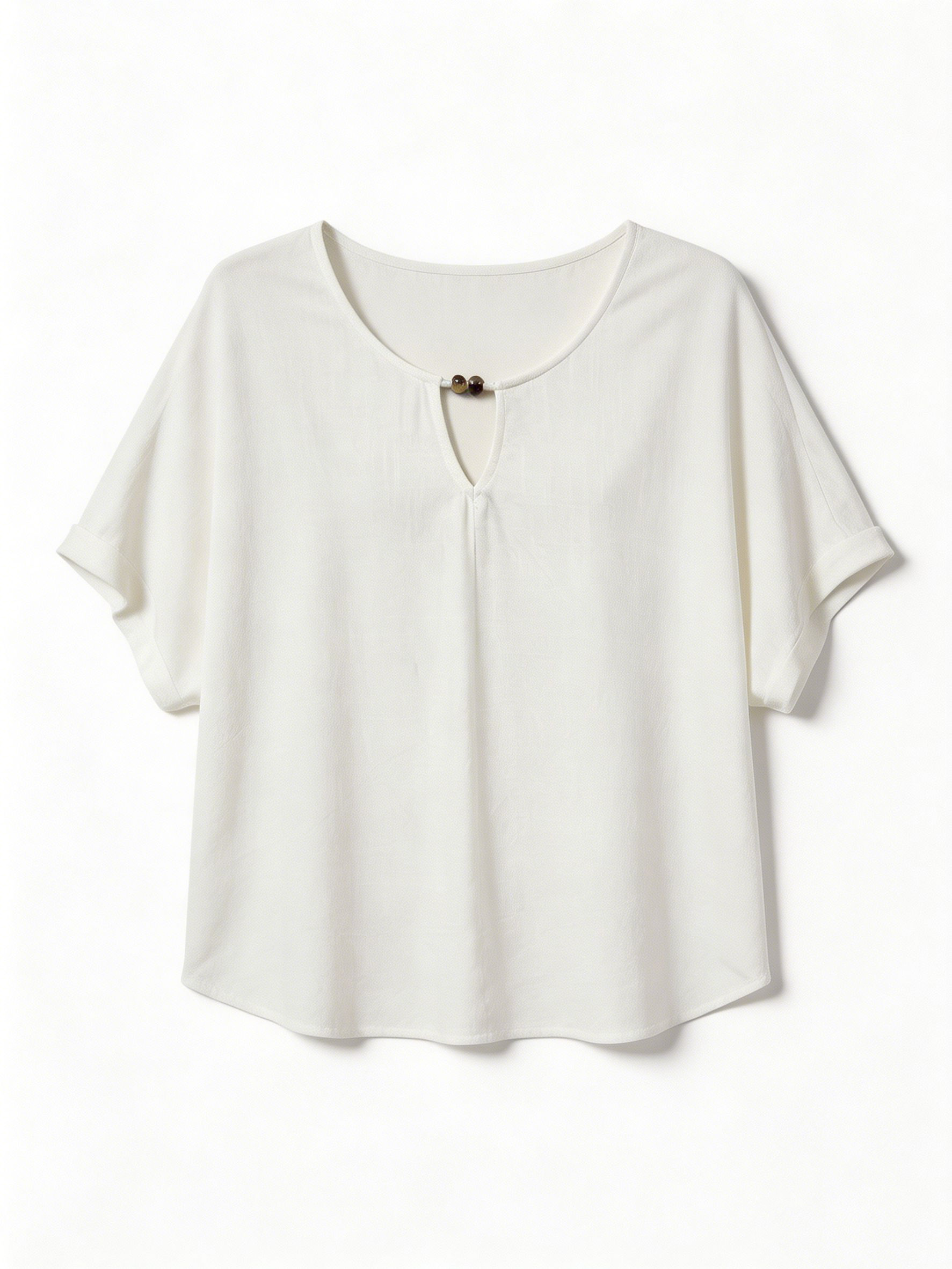 Boho Linen Texture Keyhole Neck Top Casual Short Sleeve Loose Blouse for Women A-42023