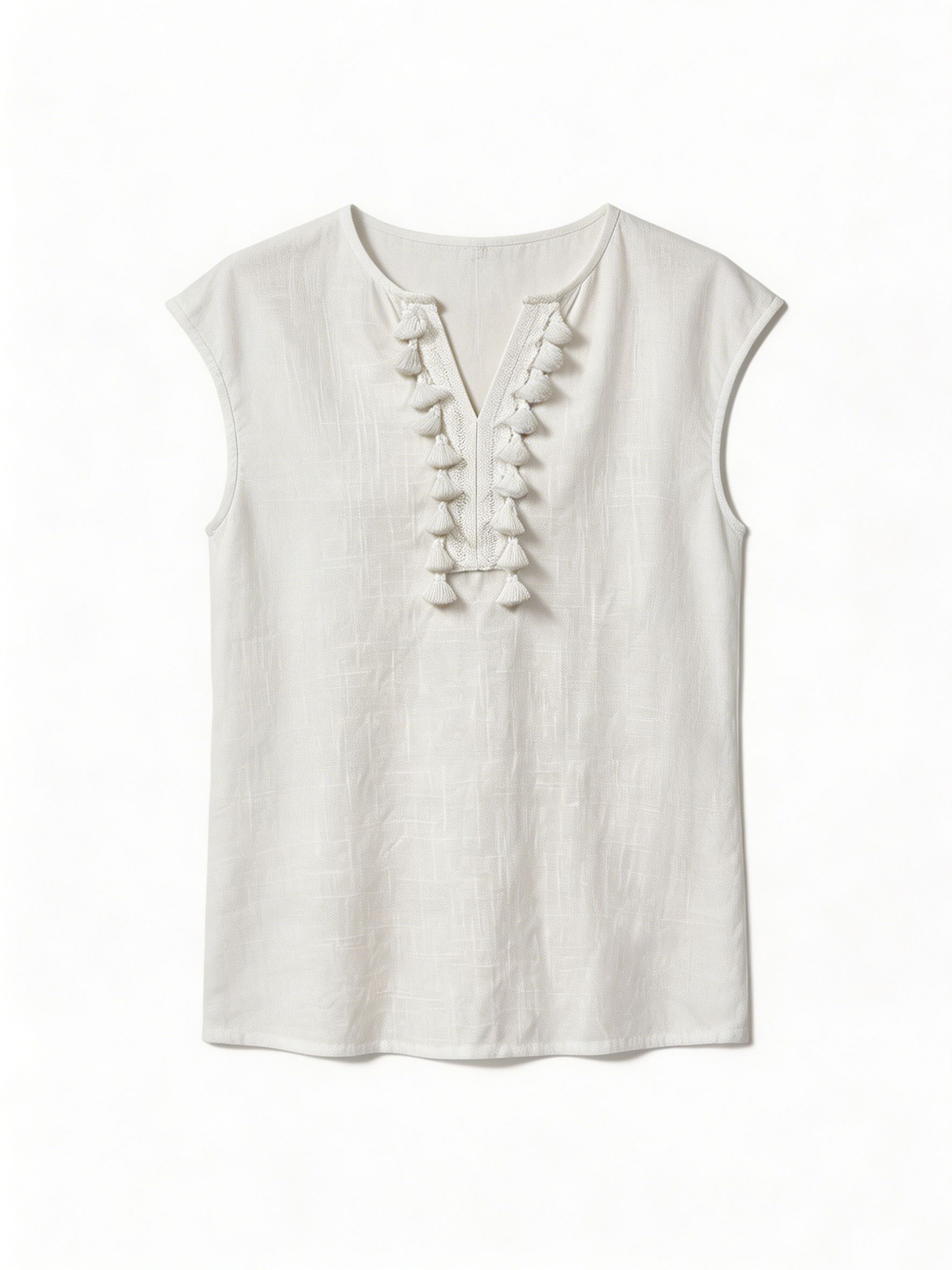 Boho Tassel Trim Sleeveless Linen Top Casual V-Neck Blouse for Women C-41968