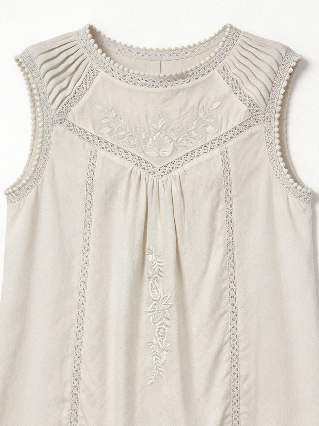 Boho White Cotton Embroidered Blouse Crochet Detail Pom-Pom Hem Summer Top 