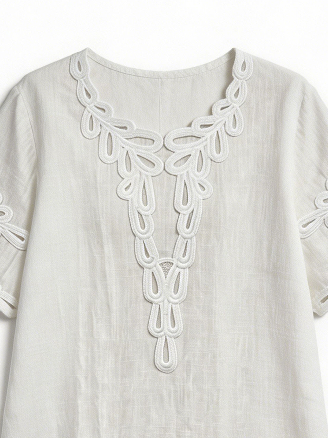Boho White Top with Cording Detail Short Sleeve Loose Summer Blouse