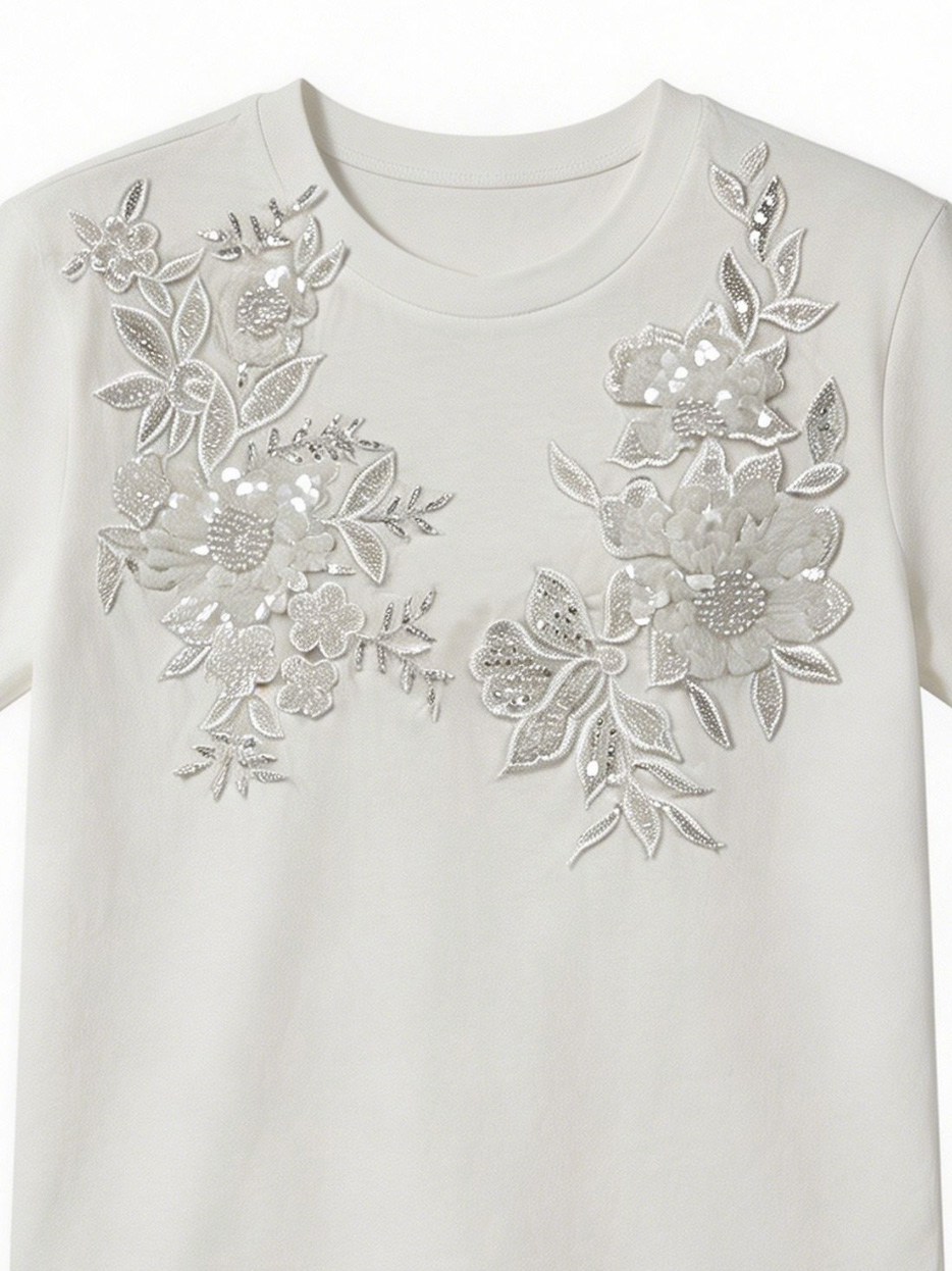 Boho Sequin Embroidered White Tee Casual Summer Top for Women M-38604