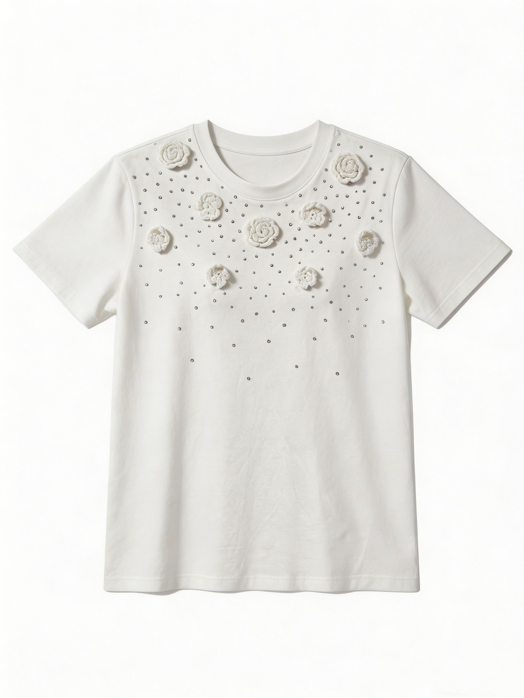 Summer White Tee with 3D Crochet Flowers and Rhinestones Short Sleeve Top M-40142-7