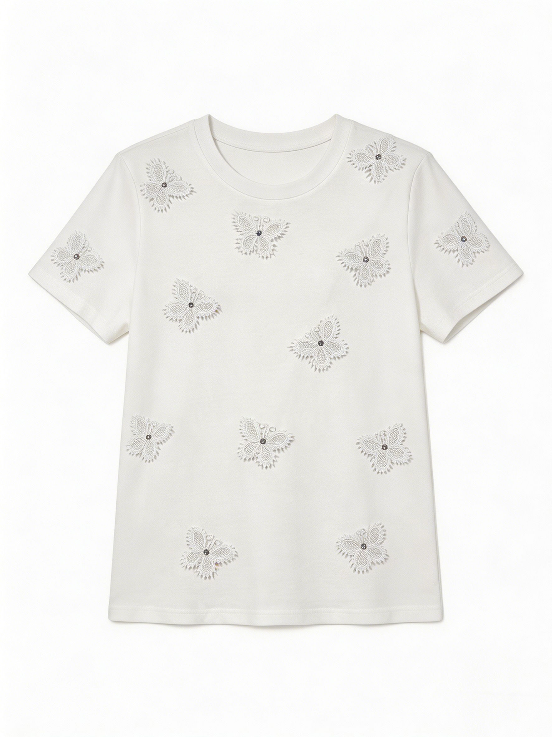 Women's White Floral Lace Applique Embellished T-Shirt Short Sleeve Casual Summer Top M-40196-3