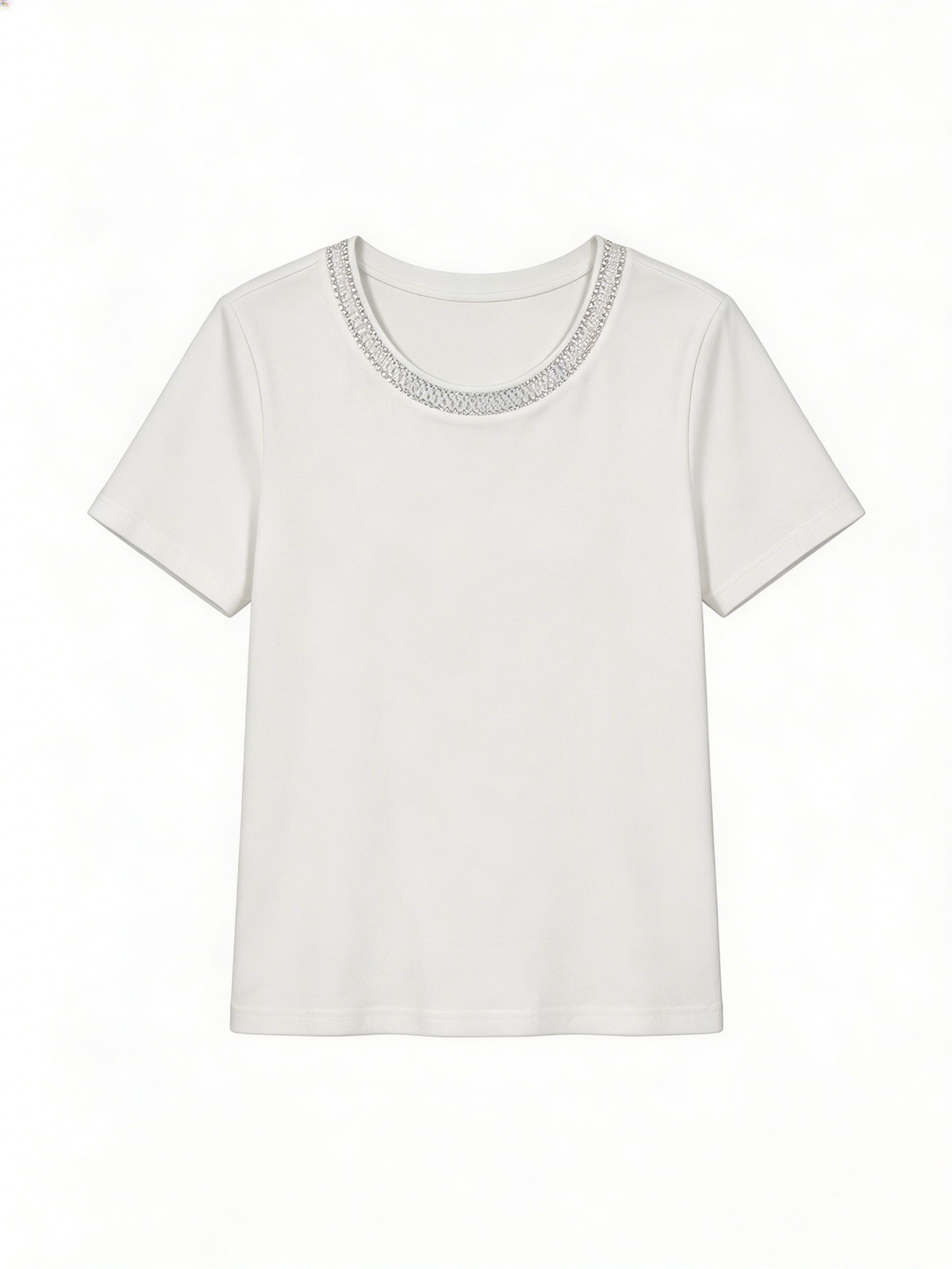 Wholesale Women's Rhinestone Crochet Trim Scoop Neck Summer T-Shirt M-40301