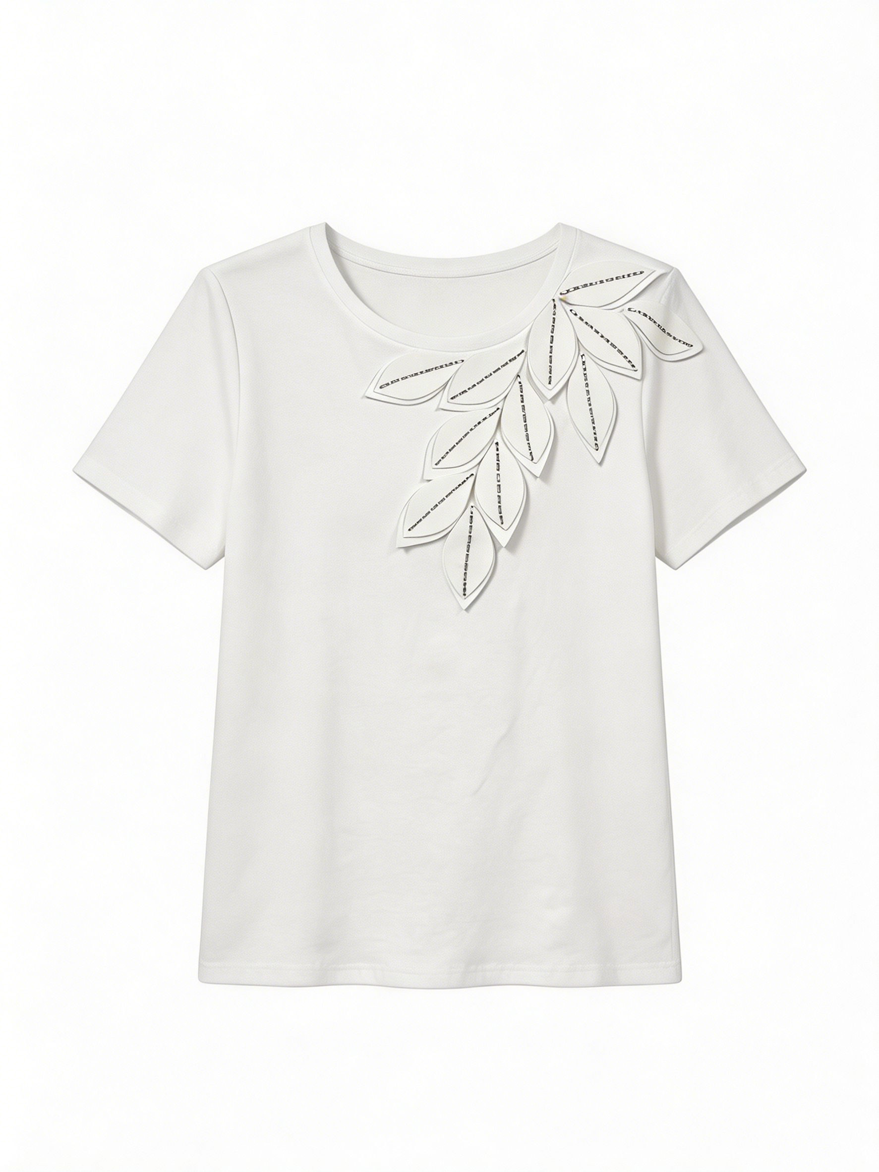 Women's Silver Beaded Floral Leaf Patchwork Short Sleeve Cotton Tee M-40524-2