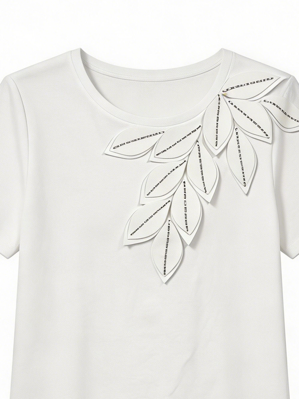 Women's Silver Beaded Floral Leaf Patchwork Short Sleeve Cotton Tee M-40524-2