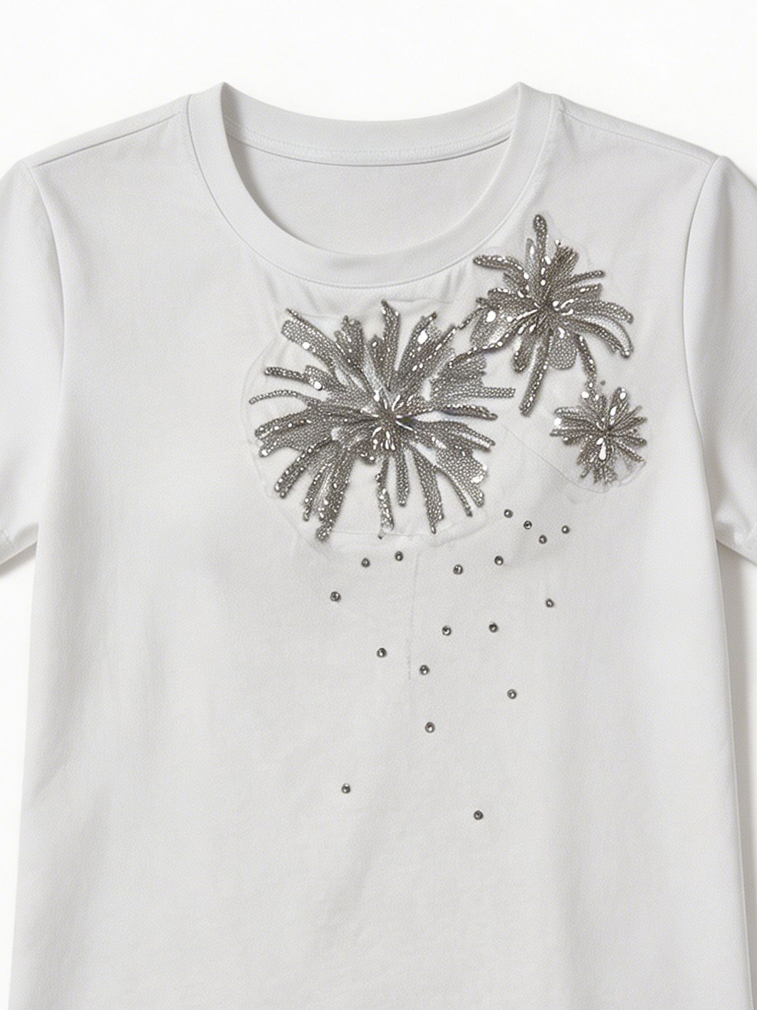 Ladies' Silver Sequined Beadwork Crew Neck T-Shirt Elegant Casual Embellished Top M-42428-4