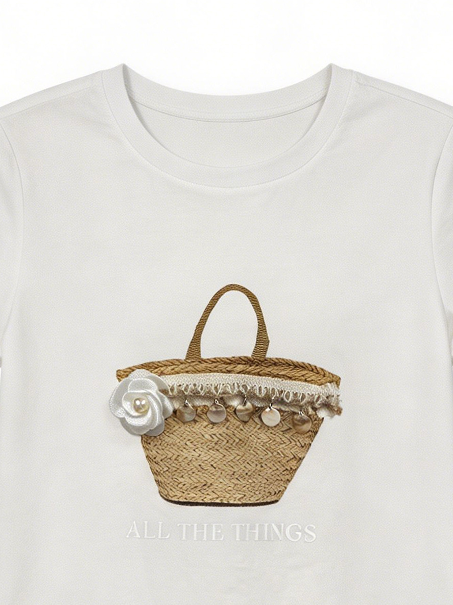 Women's Cute Straw Basket Embroidered Charm T-Shirt Casual Summer Blouse M-42129-10