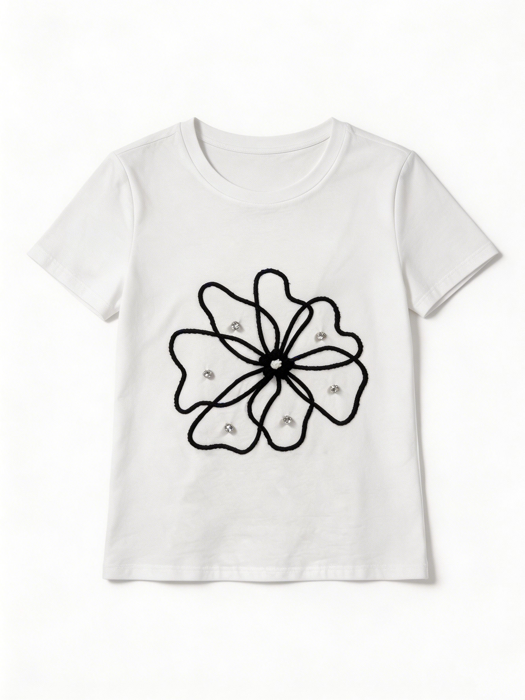 Women's Rhinestone Abstract Flower Patch Cotton T-Shirt Casual Summer Top M-42129-21