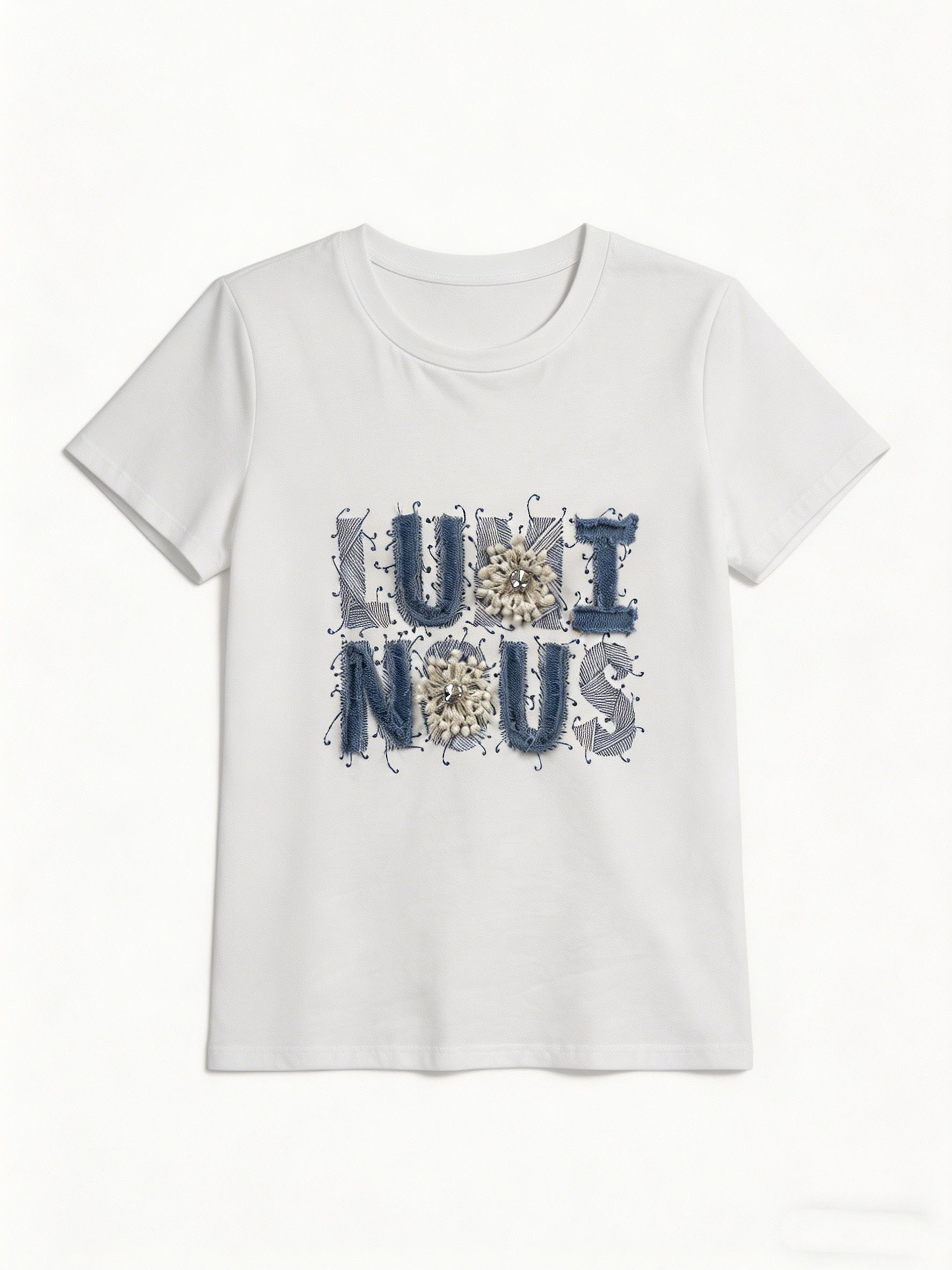 Women's Romantic Beaded Embroidery Letter T-Shirt Casual Summer Top M-42129-22