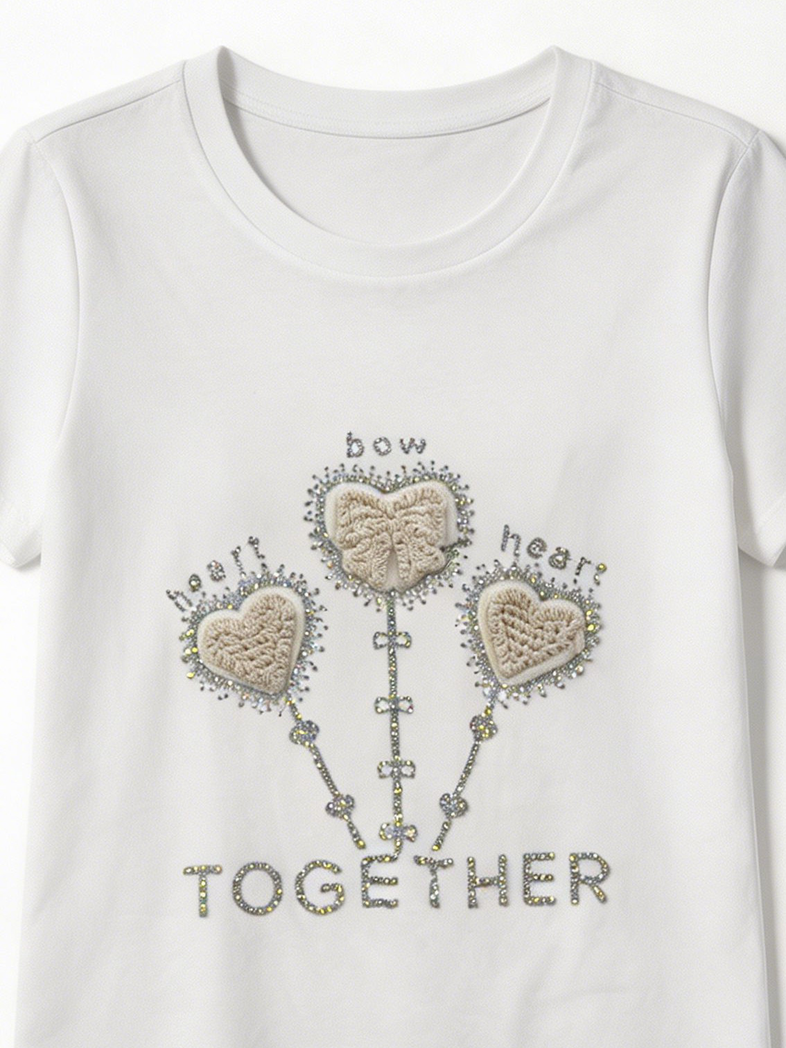 Women's Cute Rhinestone Heart Key Embellished Graphic T-Shirt Summer Top M-42130