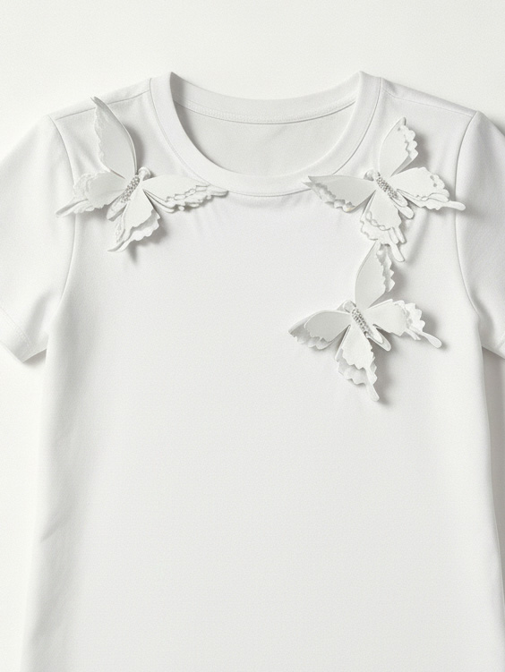  Women's 3D White Butterfly Applique Pearl Beaded Summer T-Shirt M-42130-6