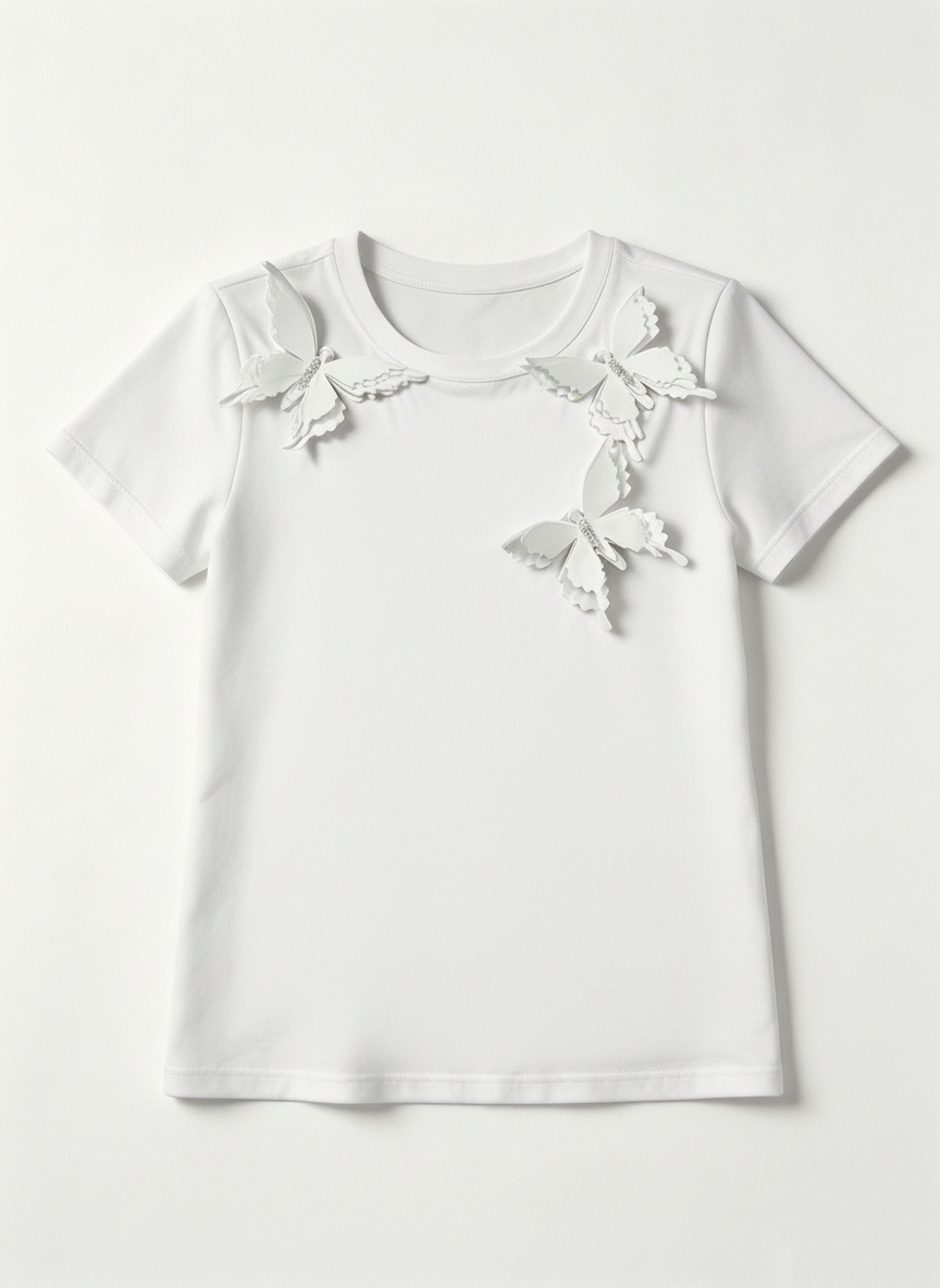  Women's 3D White Butterfly Applique Pearl Beaded Summer T-Shirt M-42130-6