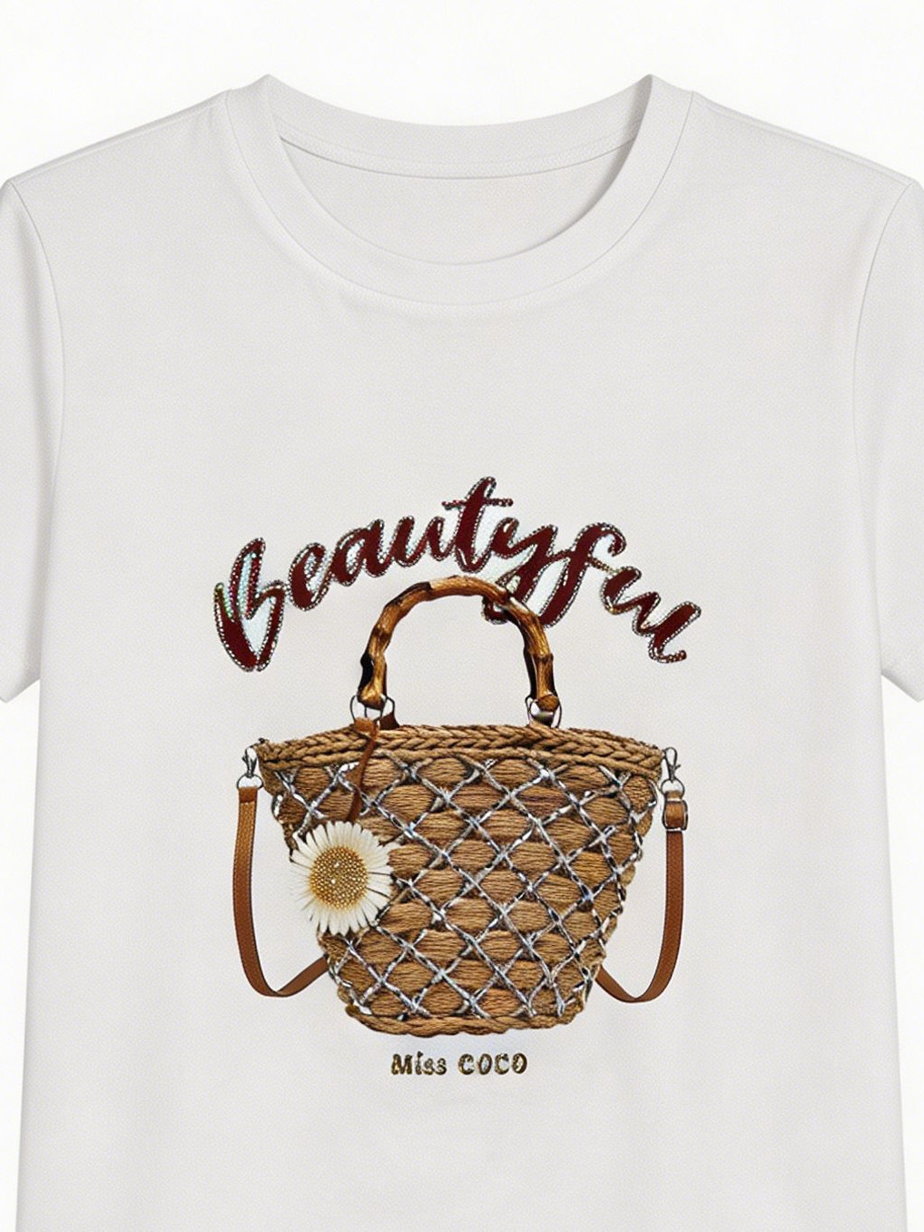 Women's Cute 3D Straw Handbag Embellished "Beautiful" Graphic Tee 