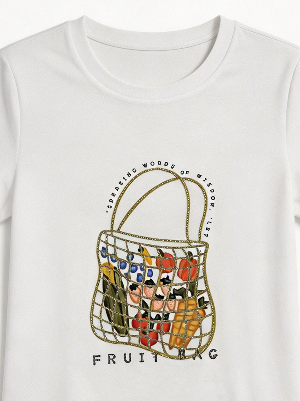 Women's Resort Fruit Basket Print Tee Glitter Outline Casual Summer T-Shirt M-42131-8
