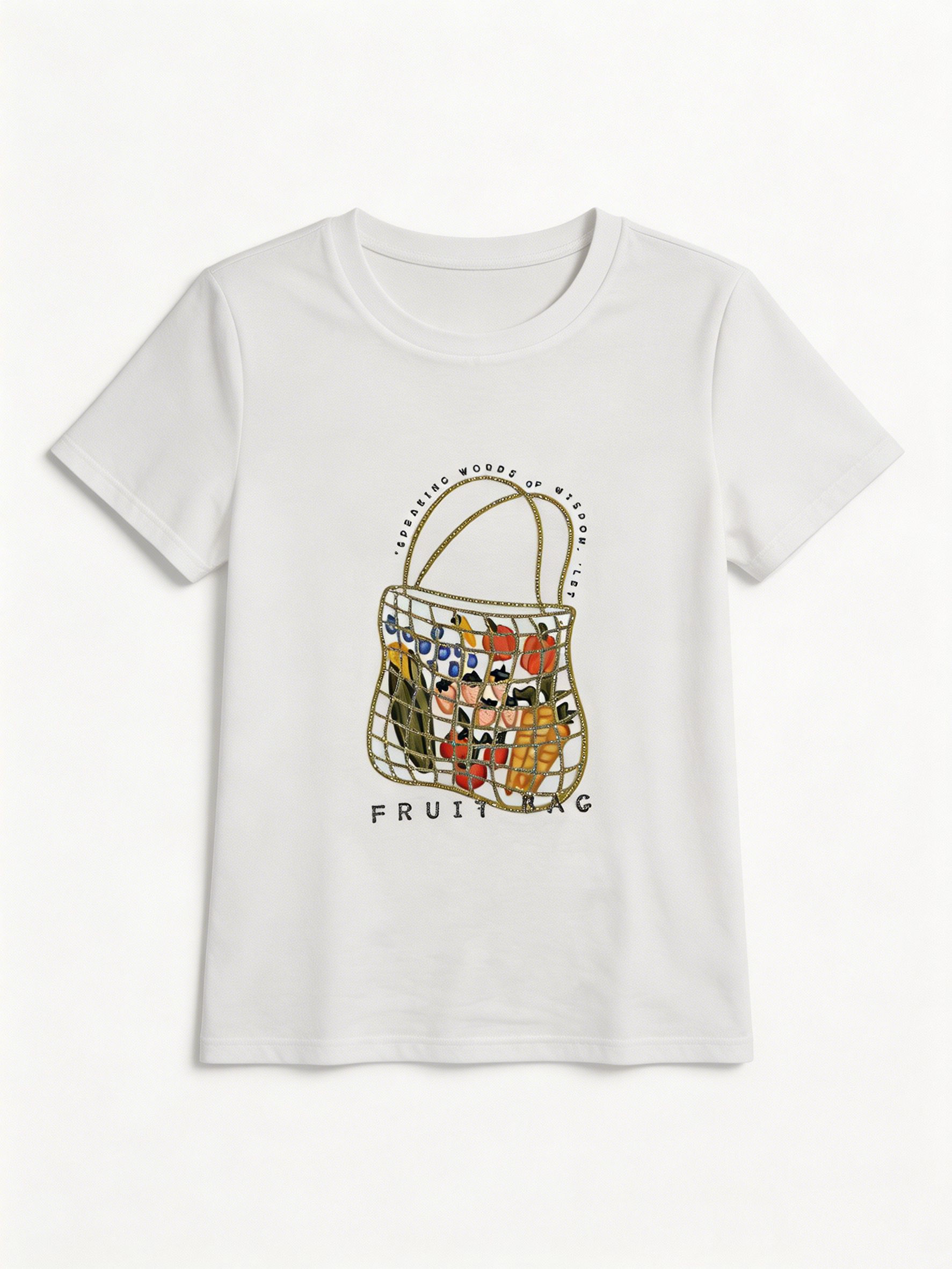 Women's Resort Fruit Basket Print Tee Glitter Outline Casual Summer T-Shirt M-42131-8