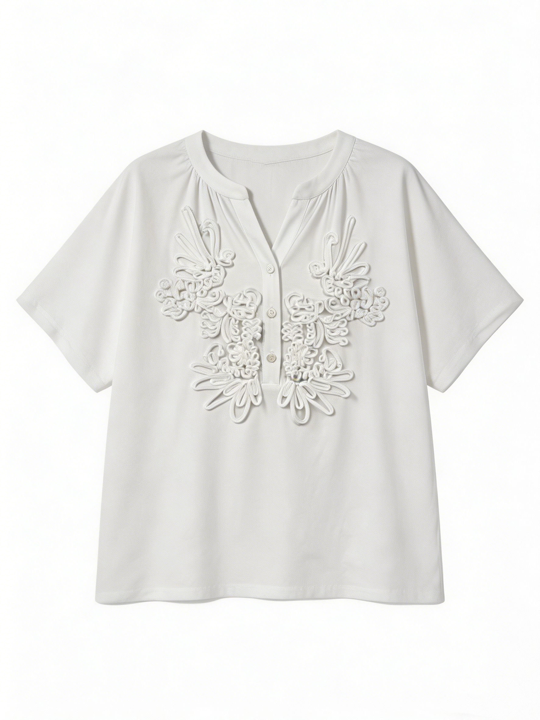 Women's 3D Floral Cord Embroidered Henley Blouse Casual Loose Fit White Top M-42164
