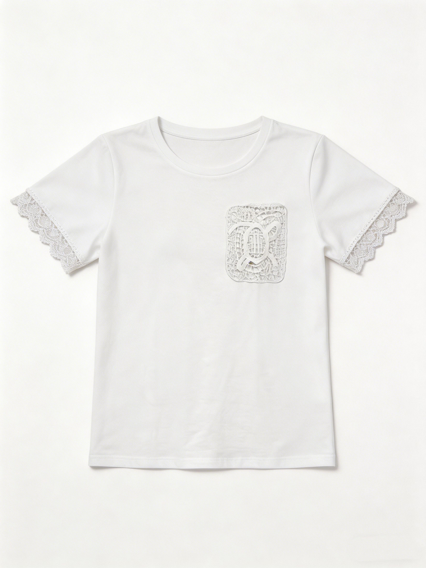 Elegant Tone-on-Tone Lace Applique Pocket Blouse with Crochet Detail Sleeve Trim M-42165