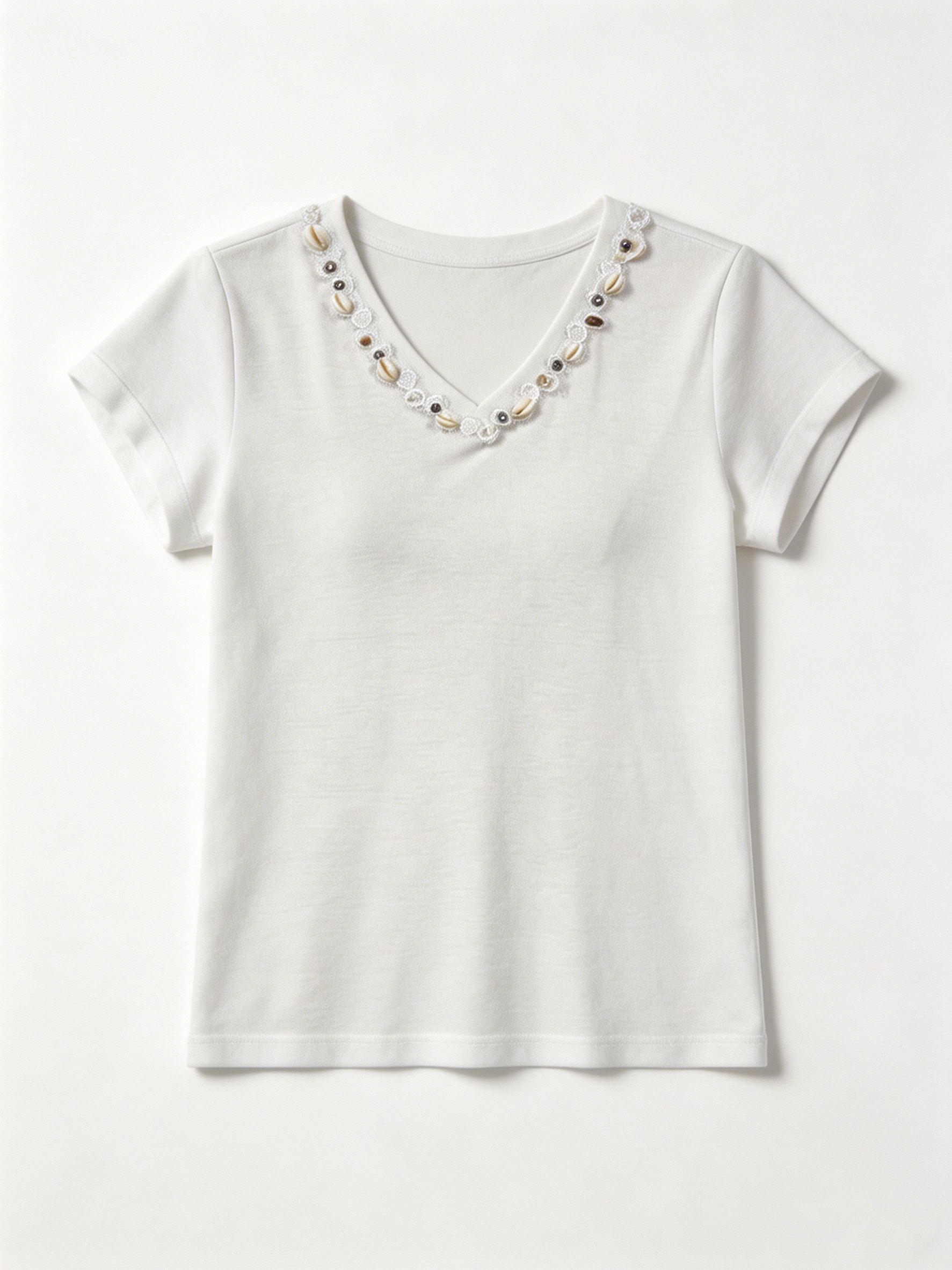 Romantic Lace and Shell Detail V-Neck T-shirt Casual Summer White Top