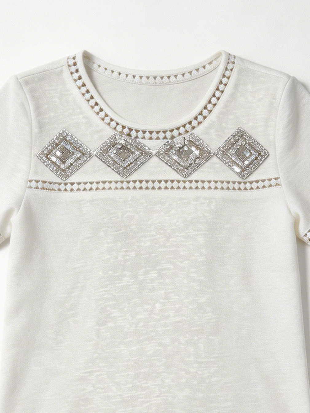 Luxury Embellished Silver Sequin Slub Top Hollow Out Detail Summer Tee M-42175