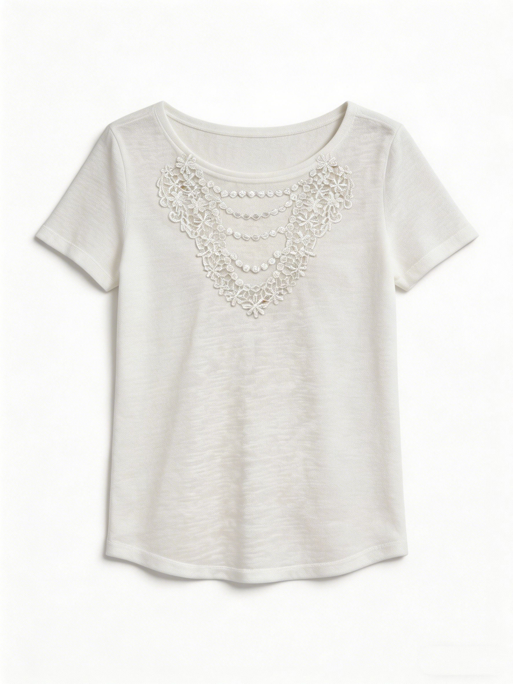 Romantic Boho White Slub Tee Featuring Delicate Lace Patchwork Summer Top M-42240