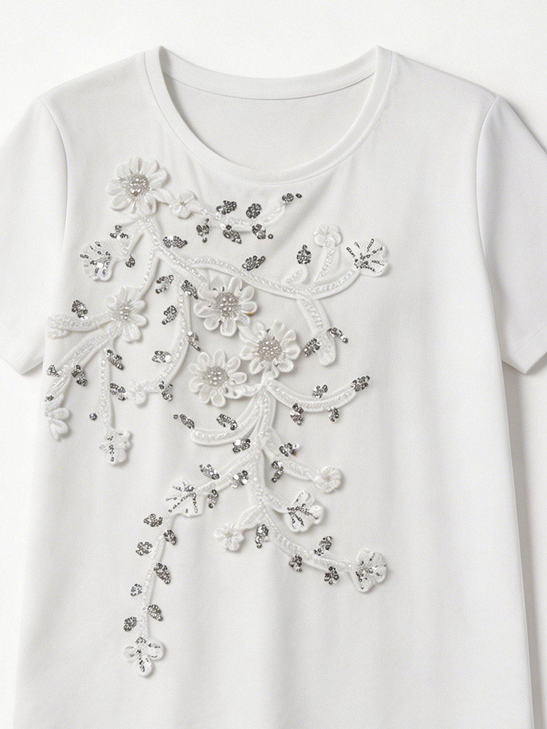 Heavy Sequin 3D Flower Embellished White Slub Tee for Ladies M-42284
