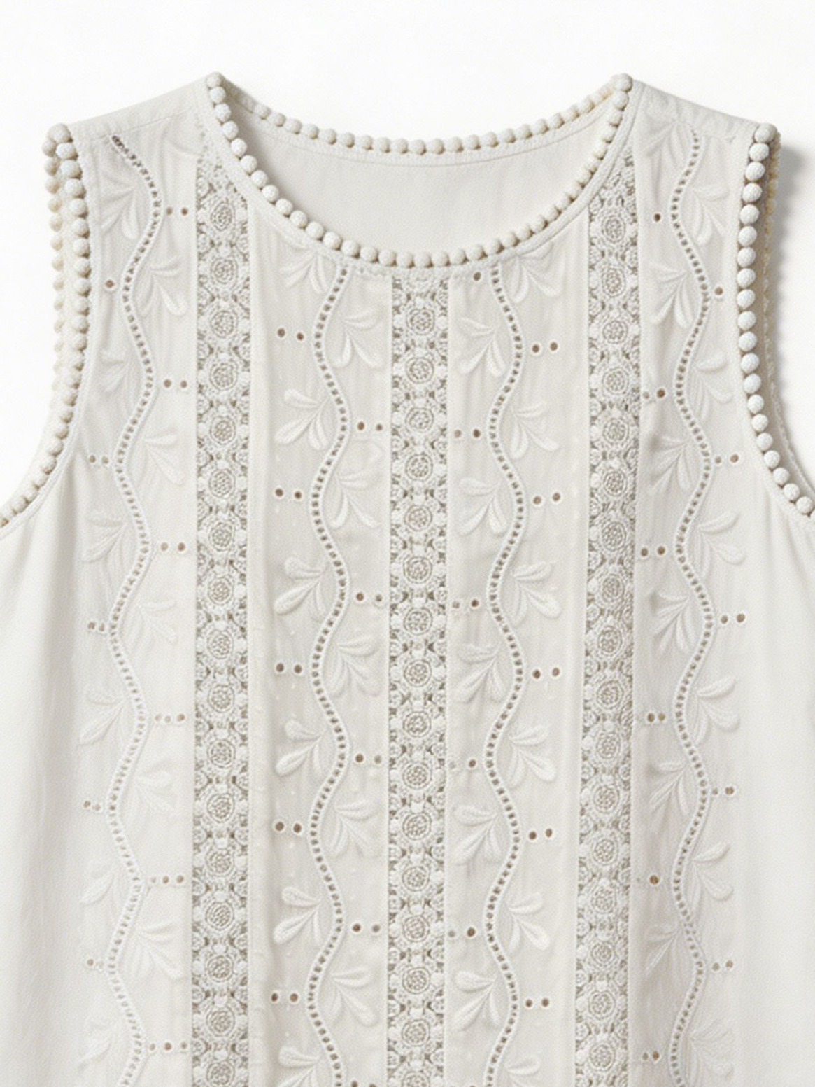 Heavy Lace Insert Sleeveless Top Victorian Inspired White Eyelet Summer Blouse P-27090