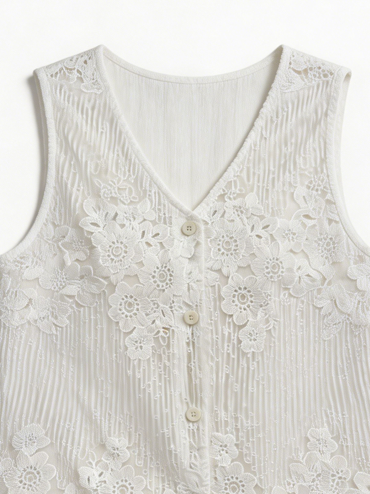 Vintage Inspired Floral Embroidery Lace Top V-Neck Button Front Sleeveless Shirt W-26414