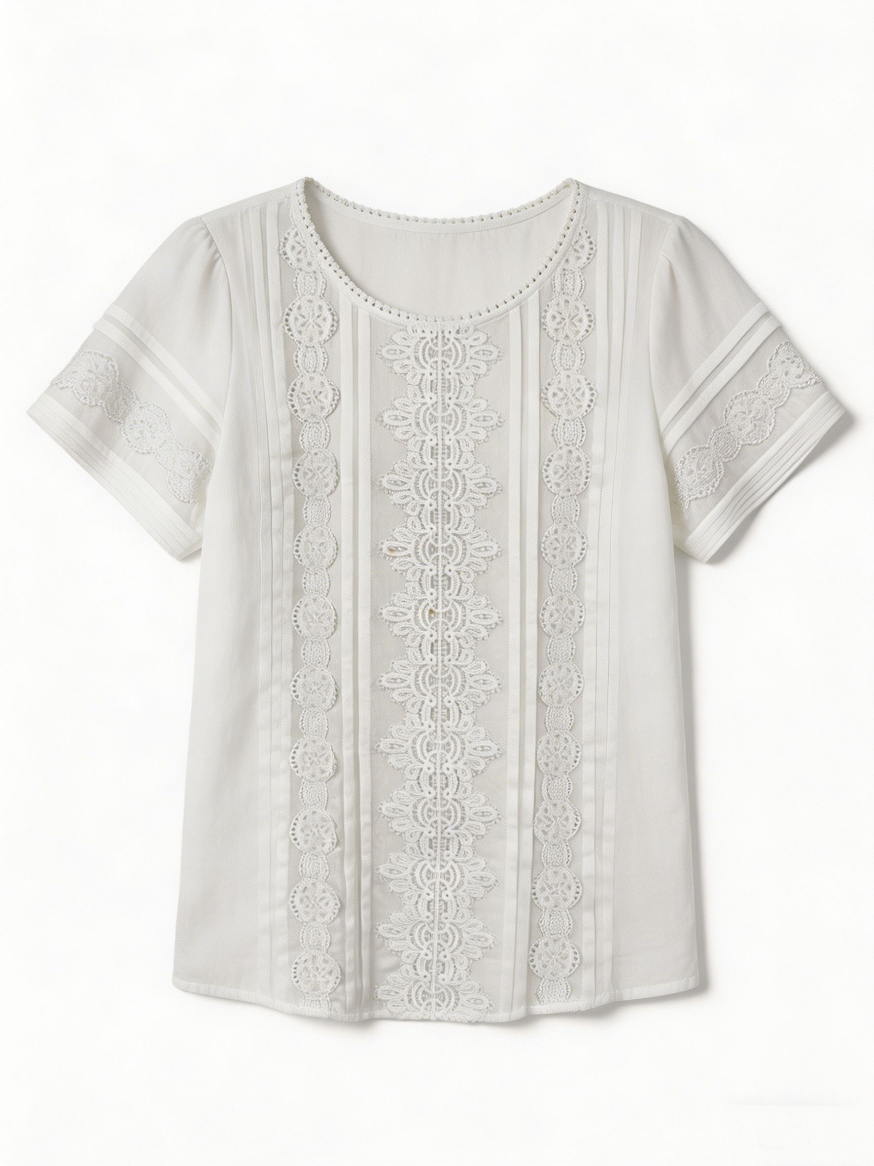 Wholesale Vintage Pin-tuck Lace Blouse Broderie Anglaise Summer Shirt Top W-26558