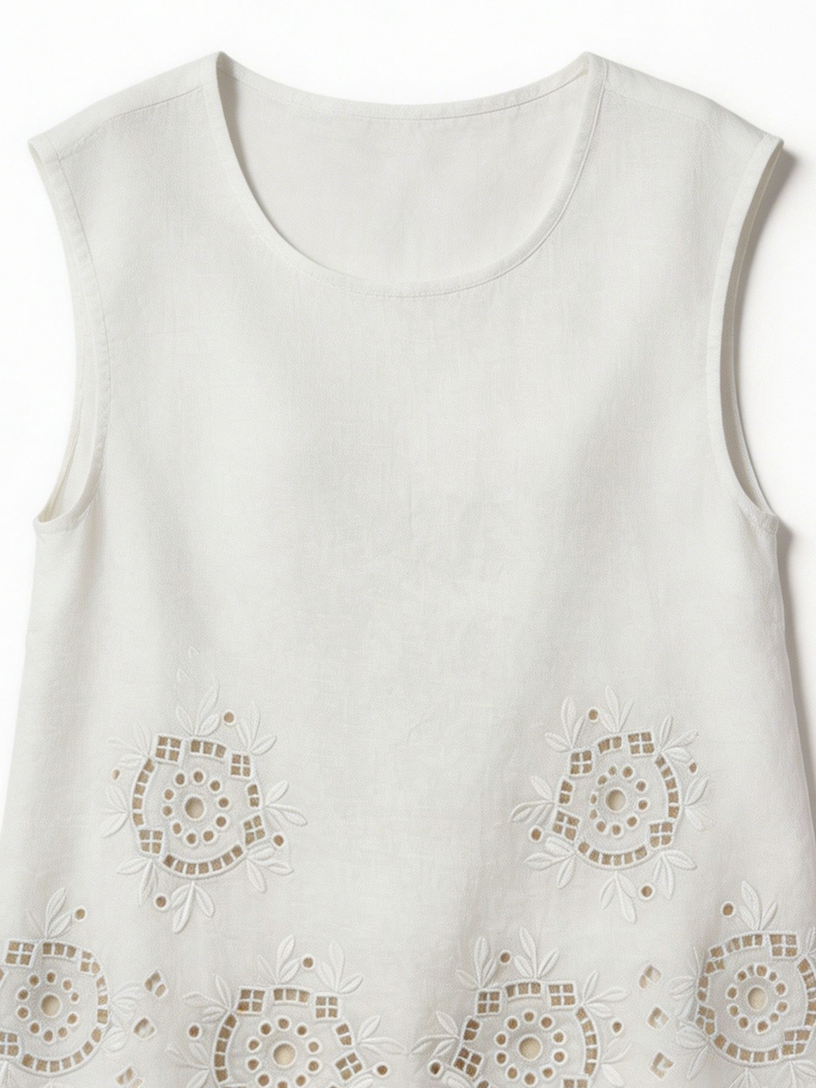Elegant Eyelet Embroidered Linen Tank Top Sleeveless Loose Fit Summer Blouse XW-42378