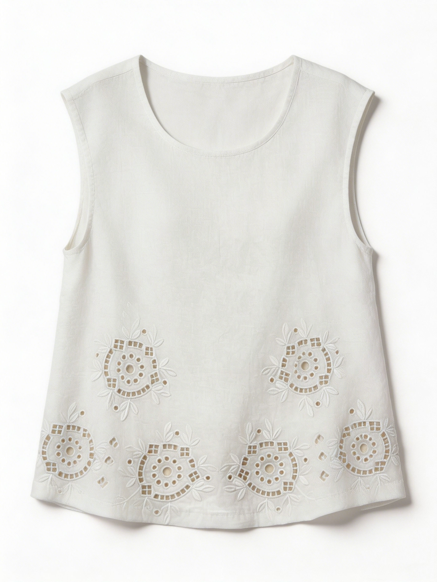Elegant Eyelet Embroidered Linen Tank Top Sleeveless Loose Fit Summer Blouse XW-42378