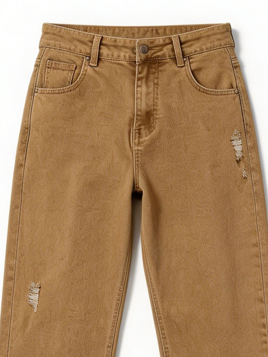 Distressed Tan Straight Leg Jeans High Waist Relaxed Fit Denim for Women YZ5012