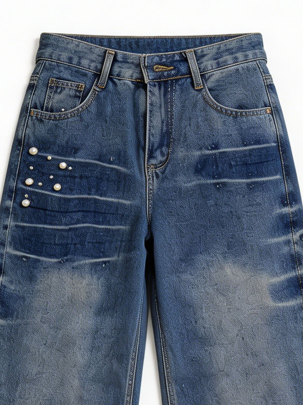 Vintage Wash Pearl Beaded Wide Leg Jeans High Waist Fashion Denim ZY5102